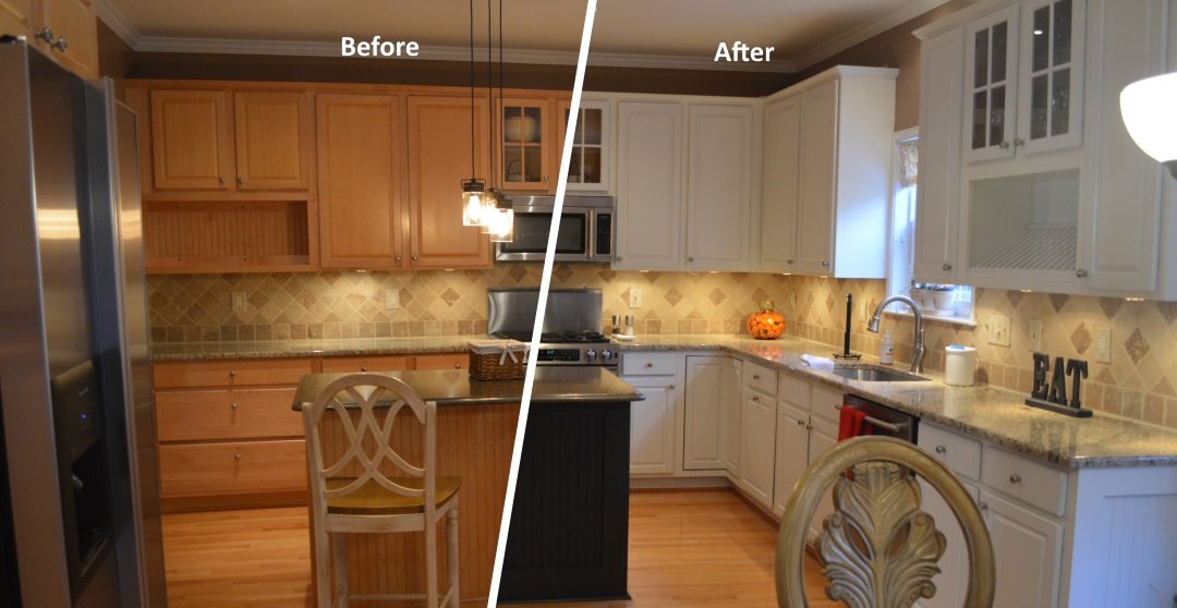 Before and after: stained kitchen cabinets painted white